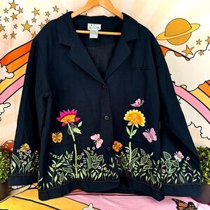 {Quacker Factory} VTG 1X Embroidered Black Jacket, Floral & Butterfly Design